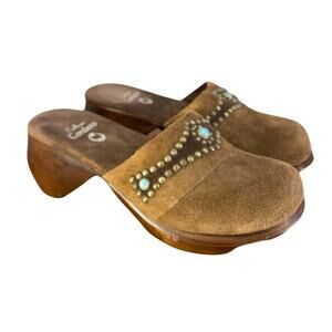 🤎 Colleen Cordero Womens 6 Brown Suede Clogs Wood Heel Turquoise Boho 🤎